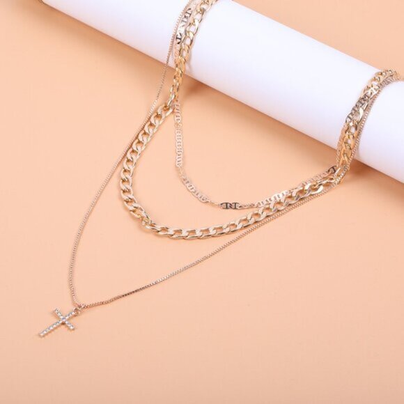 Gold Layered Chain Necklace Cross Pendant Choker Statement Fashion Faith Jewelry - Picture 2 of 6